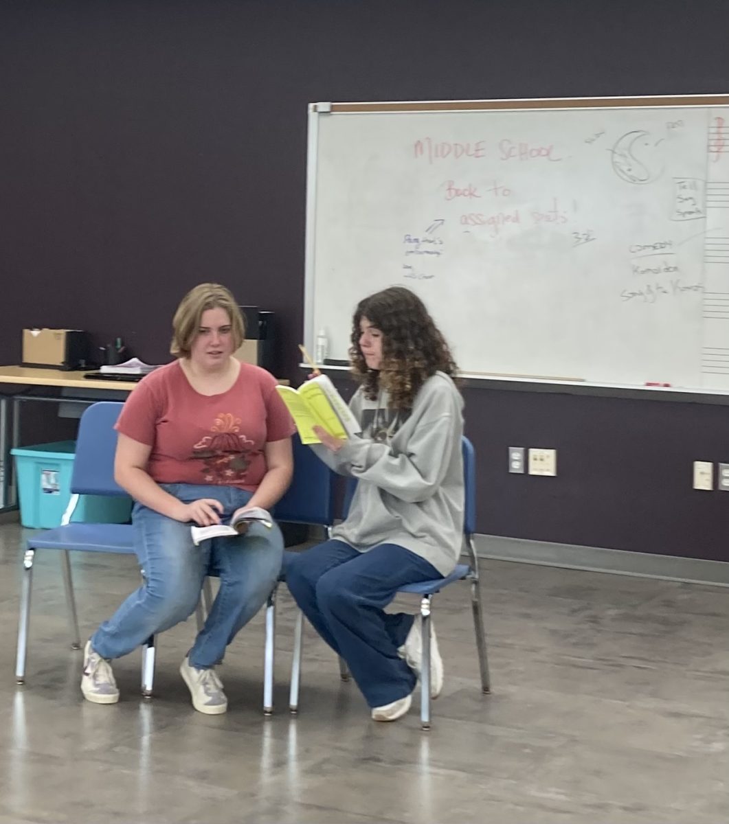 From left to right features Chloe Brafman Kittner (‘26) and Allison O'Connor (‘27) as they practice their lines. 